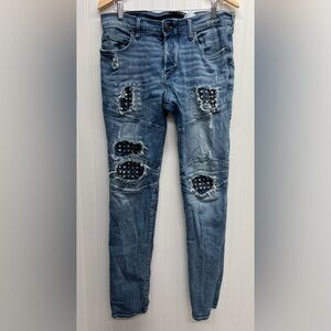 True Religion Jeans Men 31‎ Blue Rocco Biker Relaxed Skinny Distressed Studded